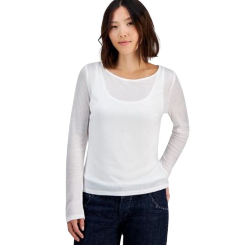And Now This Women's Petites Long-Sleeve Double-Layer Top in White